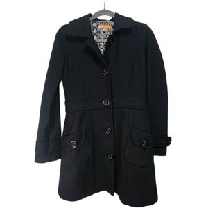 Tulle Black Wool‎ Blend Belted Collared Button Front Coat Womens XS
